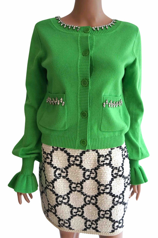 Green Effect Crystal-Embellished Cardigan