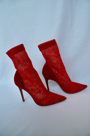 Red Lace and Suede Pointed Toe Booties
